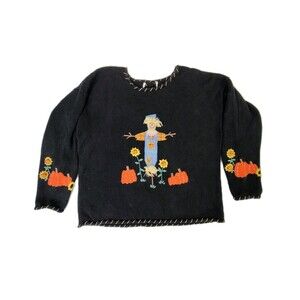 Mandal Bay Sweater Women's XL? Black Embroidered Scarecrow Fall Pumpkins READ